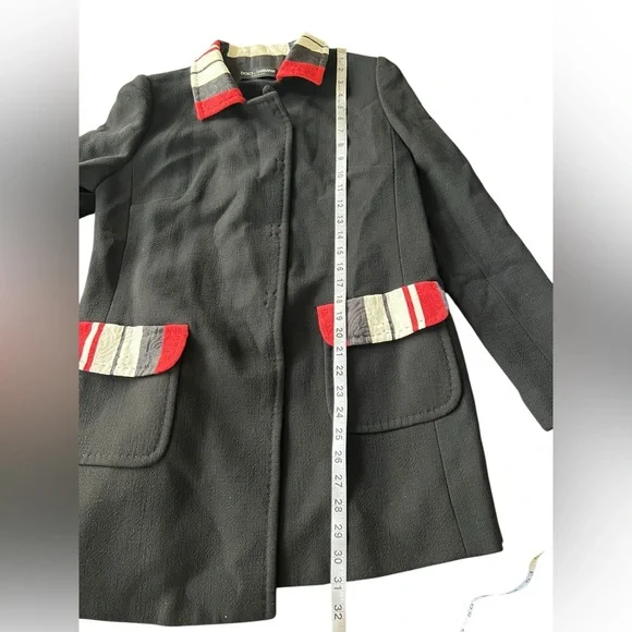 Dolce & Gabbana Black Wool Crepe Contrast Trim Detail Button Front Coat Size 46 - Picture 6 of 16